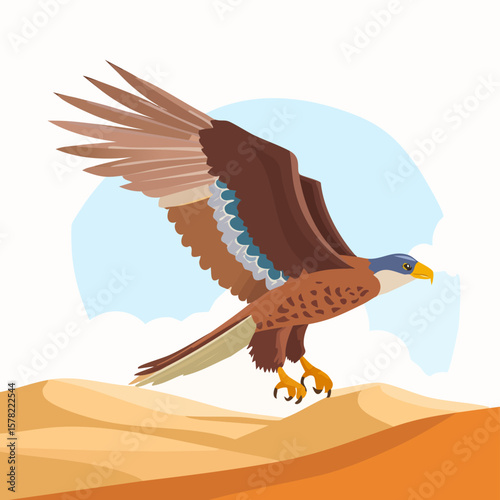 Majestic Eagle Soaring Above Desert Dunes with Wings Spread Wide