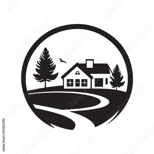 Vector illustration of a beautiful house with a spacious and scenic yard, featuring green lawns, trees, garden, and modern architecture.