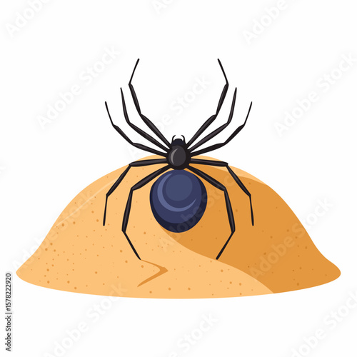 A stylized black widow spider resting on a sandy mound.