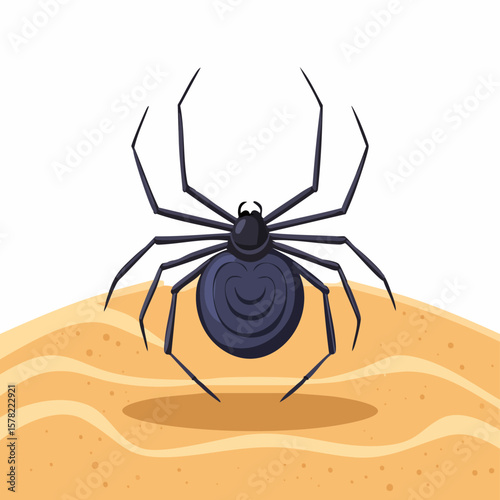Cartoonish Black Widow Spider with Detailed Abdomen on Sandy Ground