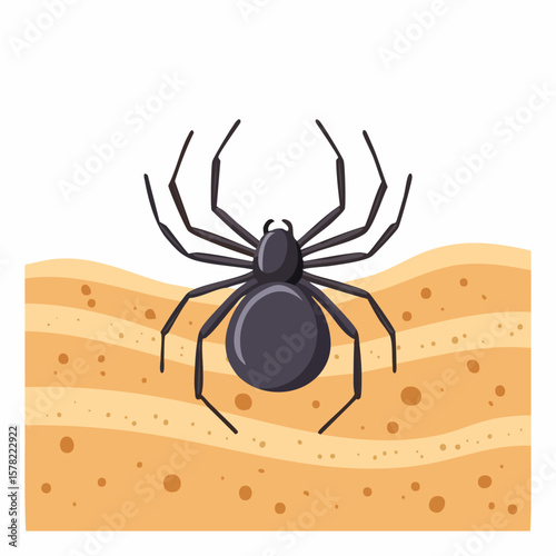 A Stylized Black Spider Perched on a Layered Sand Dune Illustration