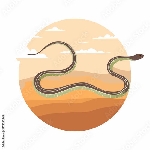 Stylized Snake Slithering Across Desert Landscape in Circular Composition