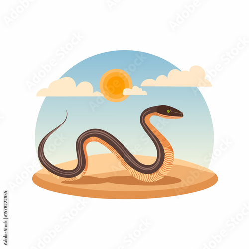 Stylized Snake in Desert Scene with Sun and Clouds, Cartoon Illustration