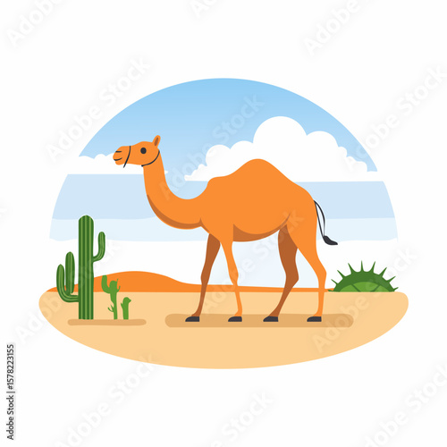 Cartoon Camel Standing in Desert Landscape with Cactus and Clouds