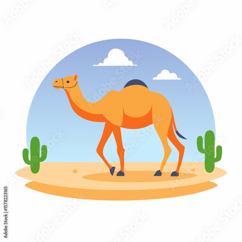 Stylized Camel Walking Across Desert Landscape with Cactus and Clouds