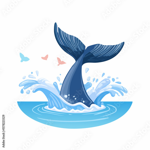 Animated Whale Tail Breaching Water with Splashes and Decorative Birds