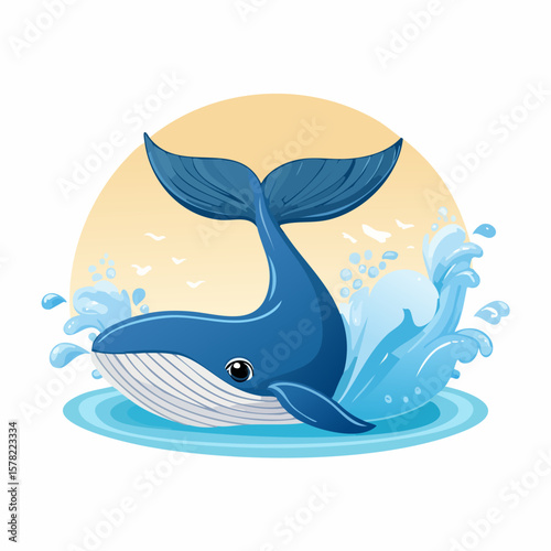 Playful Cartoon Whale Breaching Water with Splash and Bubbles