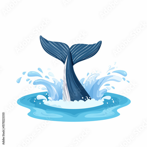 Animated Whale Tail Breaching Water with Splashing Waves and Bubbles