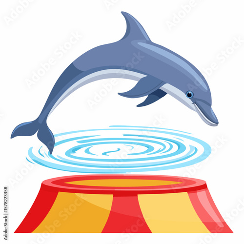 Playful Dolphin Leaping Over Water in a Circus Ring, Joyful Performance.