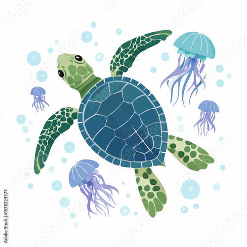 Playful Sea Turtle and Jellyfish Swimming in the Ocean Depths