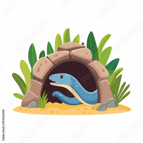 Curious Blue Snake Emerging From Stone Cave Surrounded by Greenery