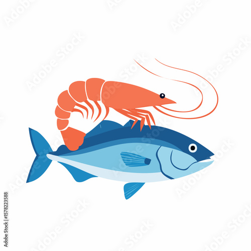 Vibrant Illustration of a Shrimp Resting Upon a Blue Fish