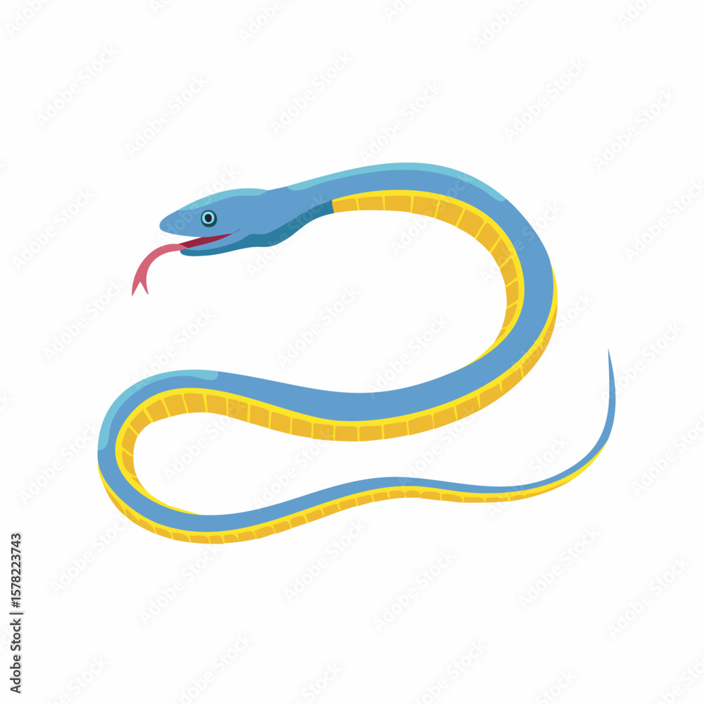 Obraz premium Cartoonish Blue Snake with Yellow Stripes and Extended Pink Tongue