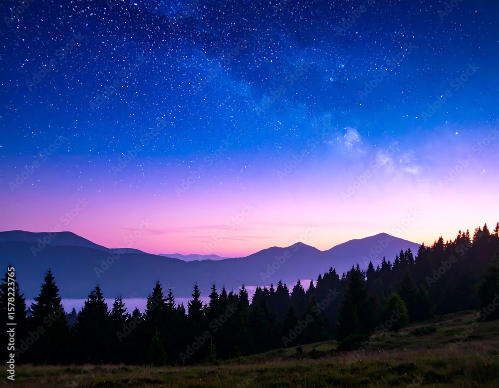 Fototapeta premium Mountain vista, starlit sky at dawn