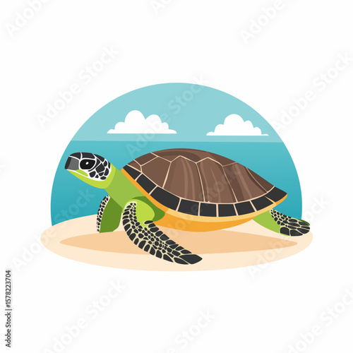 Colorful Sea Turtle on Sandy Beach with Ocean and Clouds