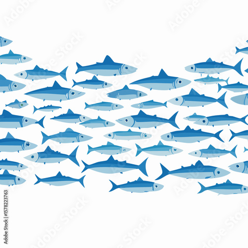 A School of Blue Fish Swimming Together in a Seamless Pattern.