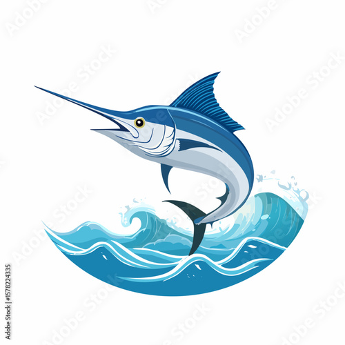 Dynamic Blue Marlin Leaping from Ocean Waves in Artistic Illustration