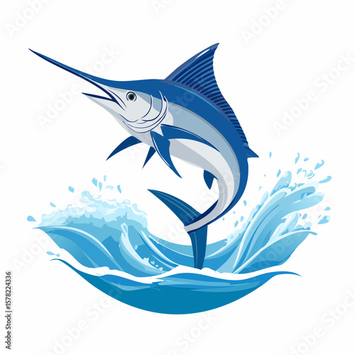 Dynamic Blue Marlin Leaping from Ocean Waves in Illustration