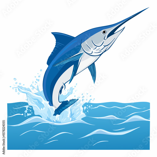 Dynamic Blue Marlin Leaping from Ocean Waves with Splash