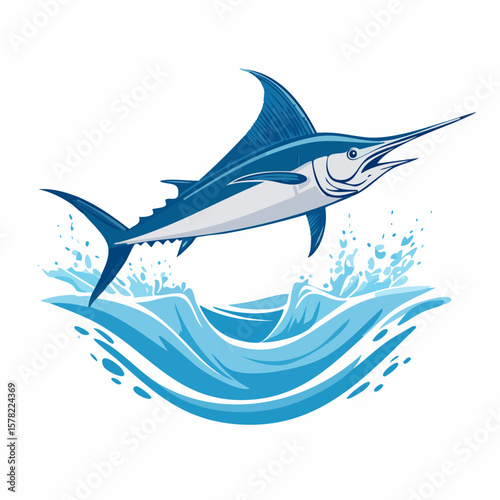 Dynamic Blue Marlin Leaping Above Stylized Ocean Waves Illustration