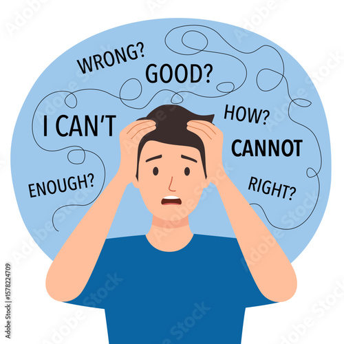 Self doubt, imposter syndrome or personal incompetence, confusion or no confidence to make decision or not good enough thinking concept, self doubt businessman thinking if he can or cannot make it.