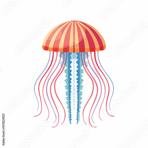 Colorful Striped Jellyfish with Flowing Tentacles, Cartoon Illustration