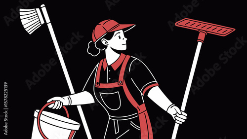 A cleaning service silhouette staff member holding cleaning tools in black background vector illustration. 