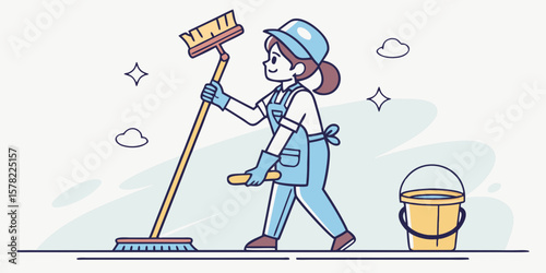 A cleaning service silhouette staff member holding cleaning tools in white background vector illustration. 