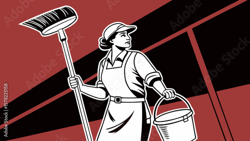 A cleaning service silhouette staff member holding cleaning tools in black red background vector illustration. 