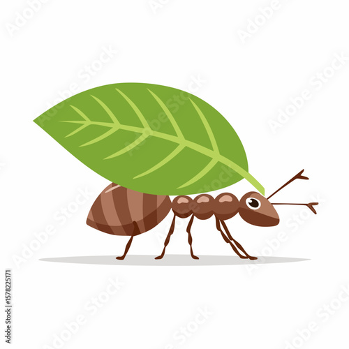 Cartoon Ant Carrying a Green Leaf, Illustrating Hard Work and Nature