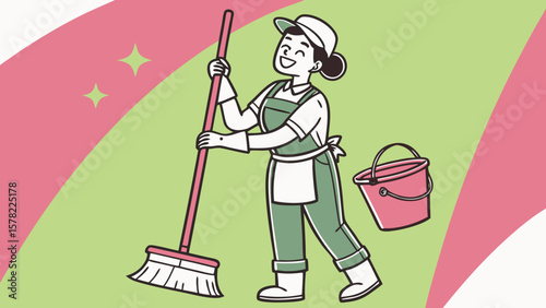 A cleaning service silhouette staff member holding cleaning tools in pink green background vector illustration. 