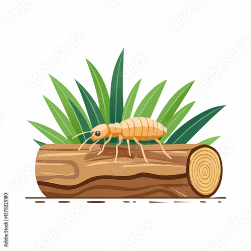 Detailed Illustration of a Termite on a Log with Green Foliage.