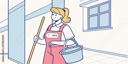A cleaning service silhouette staff member holding cleaning tools in white background vector illustration. 