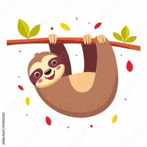 Happy Cartoon Sloth Hanging from Branch with Smiling Face and Leaves