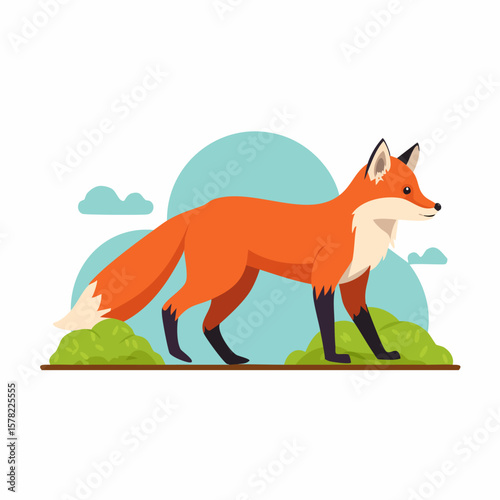 Stylized Red Fox Walking Through Greenery with Blue Sky Background