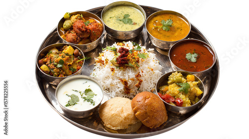 Top view of traditional Indian thali with various dishes, isolated on tranparent background 