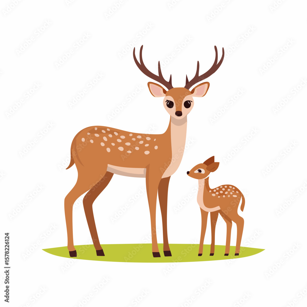Fototapeta premium Adorable Cartoon Deer Mother and Fawn Standing Together on Green Grass