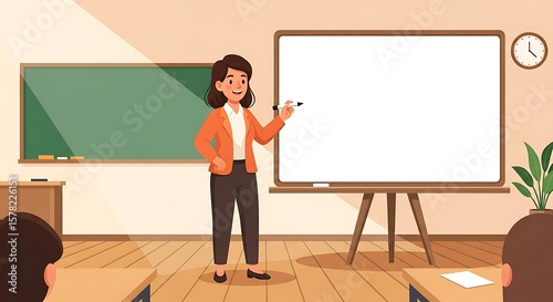 A female teacher presenting at a whiteboard in a classroom, with students in the background.
