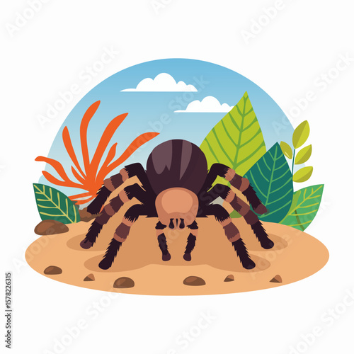 Detailed Illustration of a Tarantula Spider with Botanical Elements.