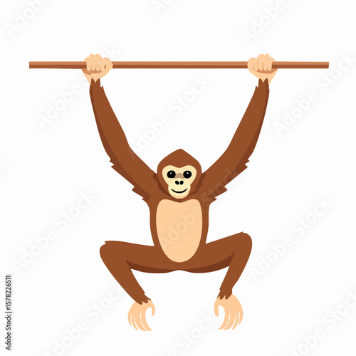 Cartoon Gibbon Swinging from a Wooden Bar with Cheerful Expression