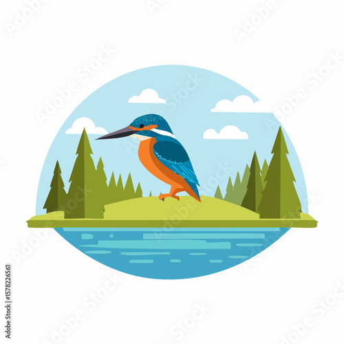 Colorful Kingfisher Perched on a Green Hillside with Trees and Water.