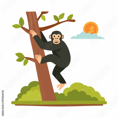 Playful Chimpanzee Climbing Tree with Smiling Face and Sunny Sky