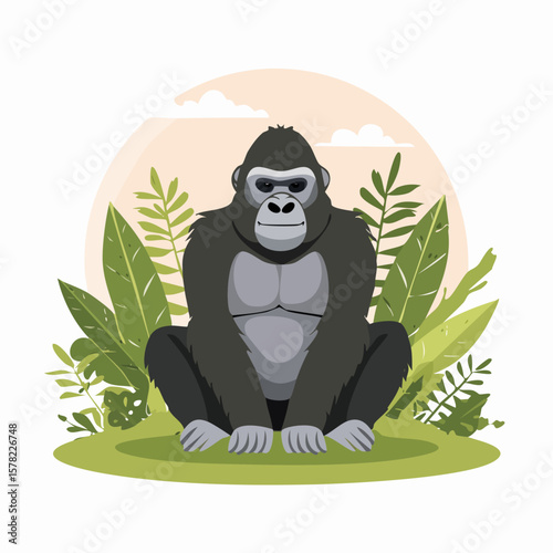 Cartoon Gorilla Sitting Amongst Lush Greenery with Smiling Expression