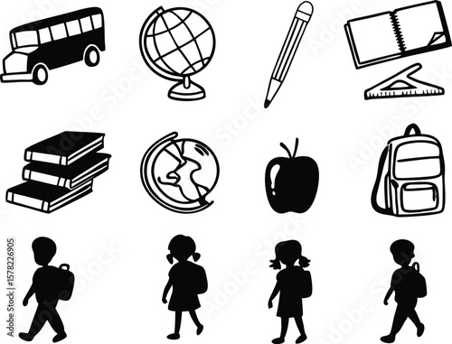 Collection of school supplies and students silhouette