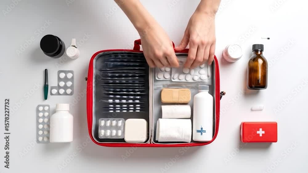 custom made wallpaper toronto digitalOpened first aid kit, viewed from above. Hands touch the red edges. Pills, creams, and bandages are organized inside and around
