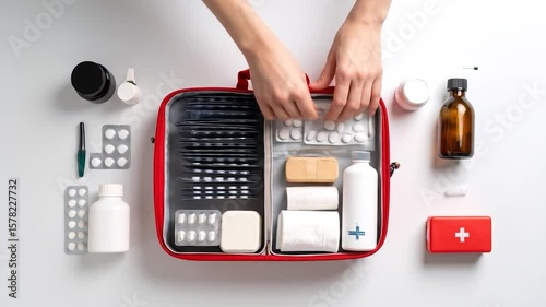 Opened first aid kit, viewed from above. Hands touch the red edges. Pills, creams, and bandages are organized inside and around