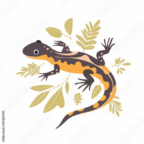 Stylized Newt with Orange and Black Markings Amidst Botanical Foliage