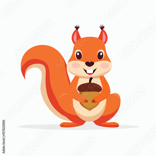 Cheerful Cartoon Squirrel Holding Acorn, Smiling with Delightful Expression