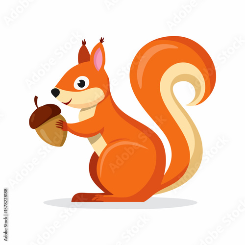 Playful Cartoon Squirrel Holding Acorn with Fluffy Tail and Happy Expression