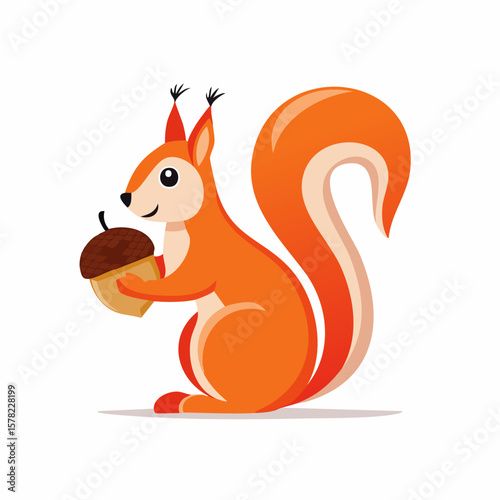 Playful Cartoon Squirrel Holding Acorn with Fluffy Orange Tail